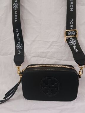 Tory Burch Black Leather Logo Camera Crossbody with Branded Strap